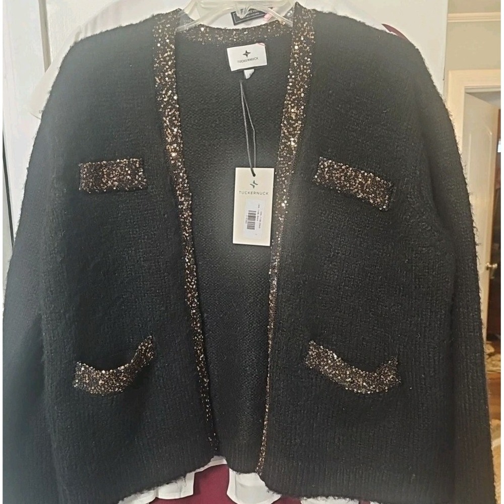 $228 NWT Tuckernuck Black Boucle Fallon Sequin Trim Cardigan Sweater Size S